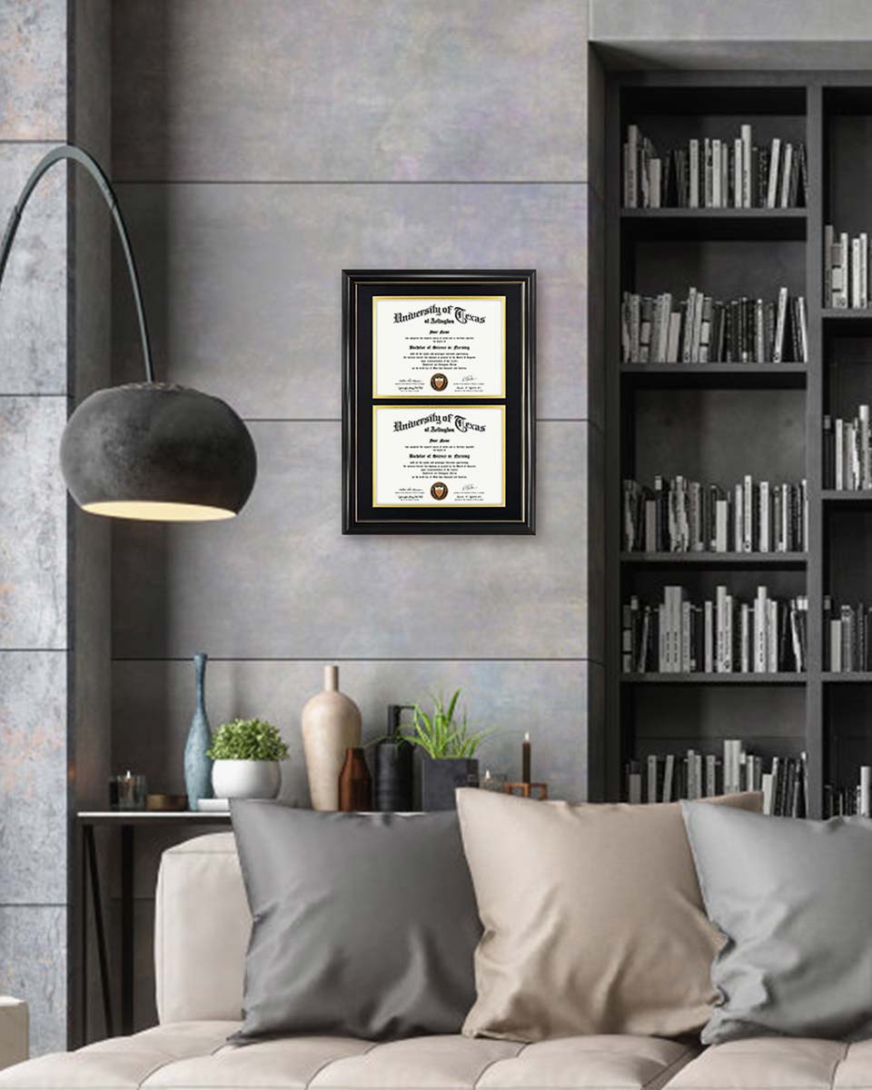 Graduation Certificate Double Documents Frame Real Wood with Gold Trim for 8.5"*11 - 4 Colors Available
