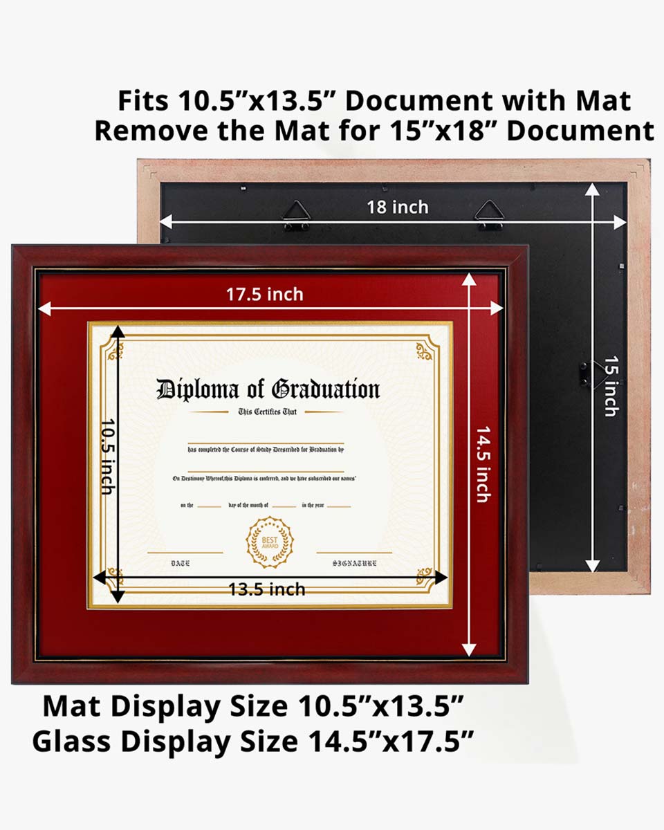 Graduation Certificate Solid Wood & UV Protection Acrylic Cherry Finish with Gold Trim for 11*14 / 15*18 - 4 Colors Available