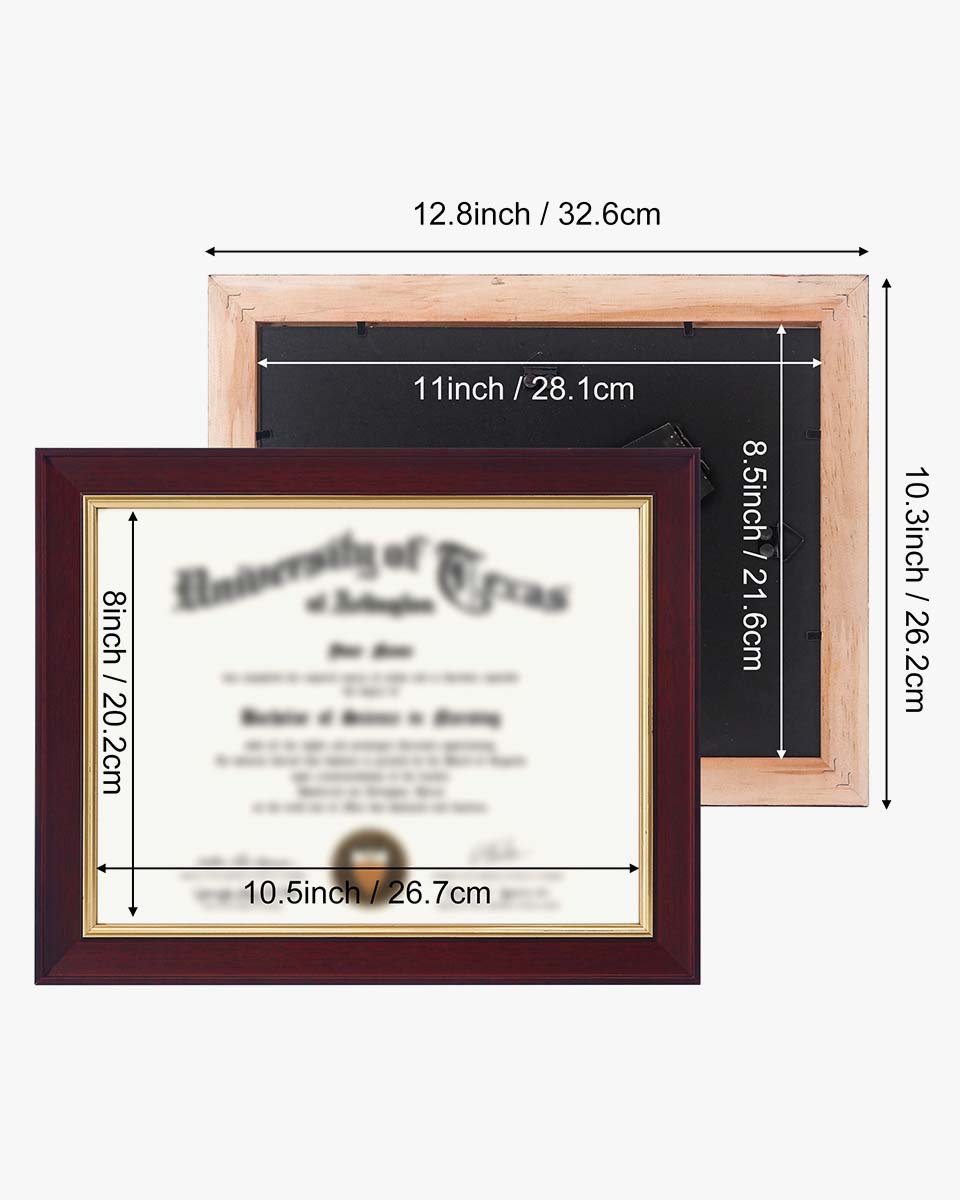 Wood Diploma Frame with Gold Trim Tempered Glass 8.5*11 – 3 Colors Available