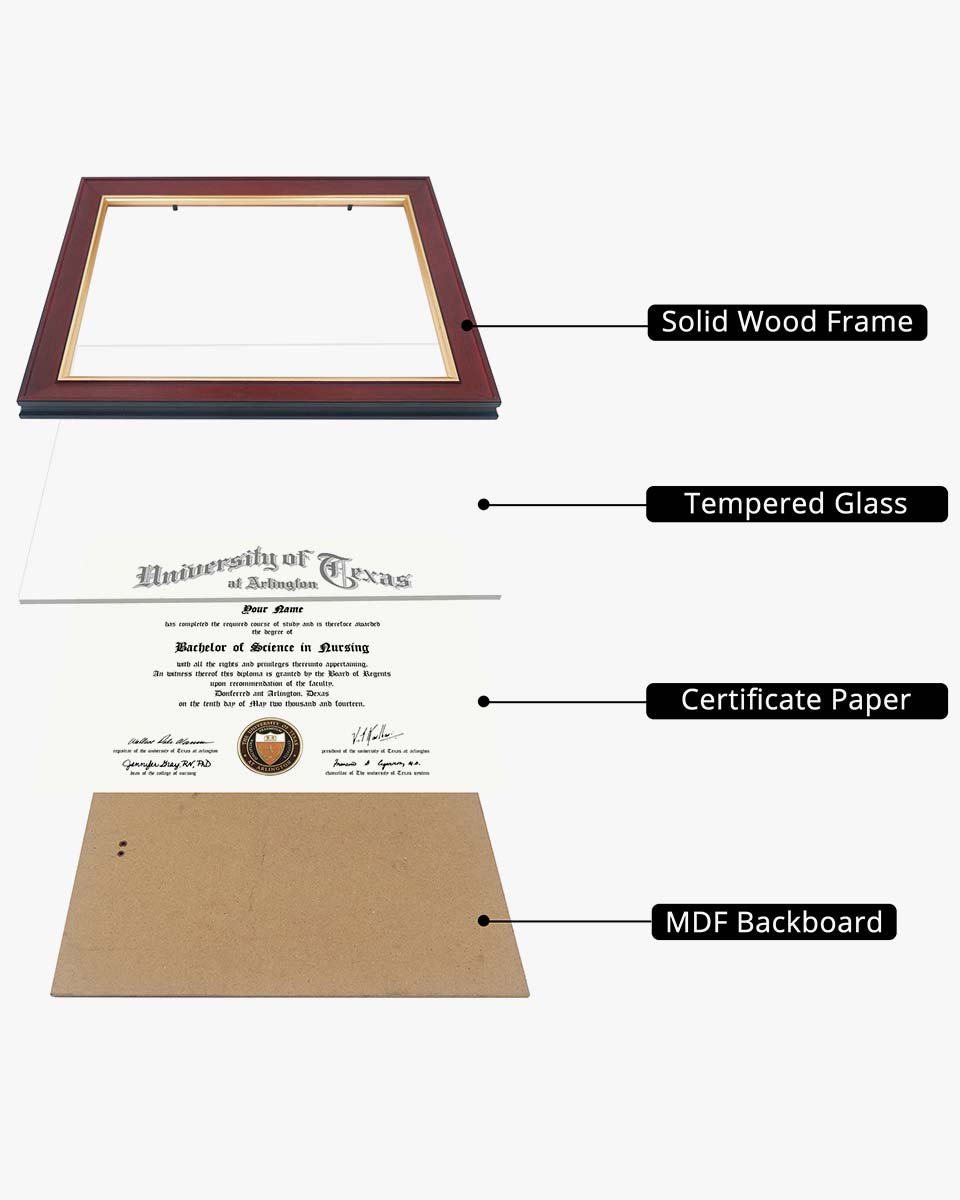 Wood Diploma Frame with Gold Trim Tempered Glass 8.5*11 – 3 Colors Available