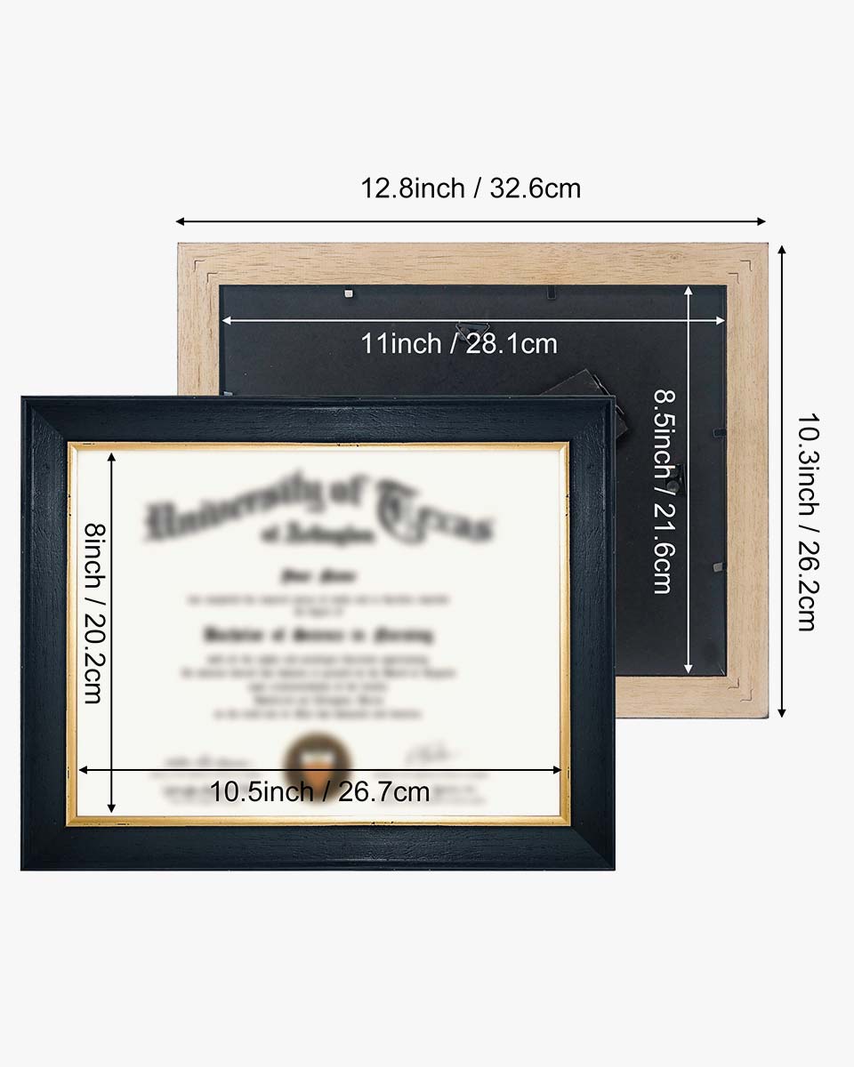 Wood Diploma Frame with Gold Trim Tempered Glass 8.5*11 – 3 Colors Available