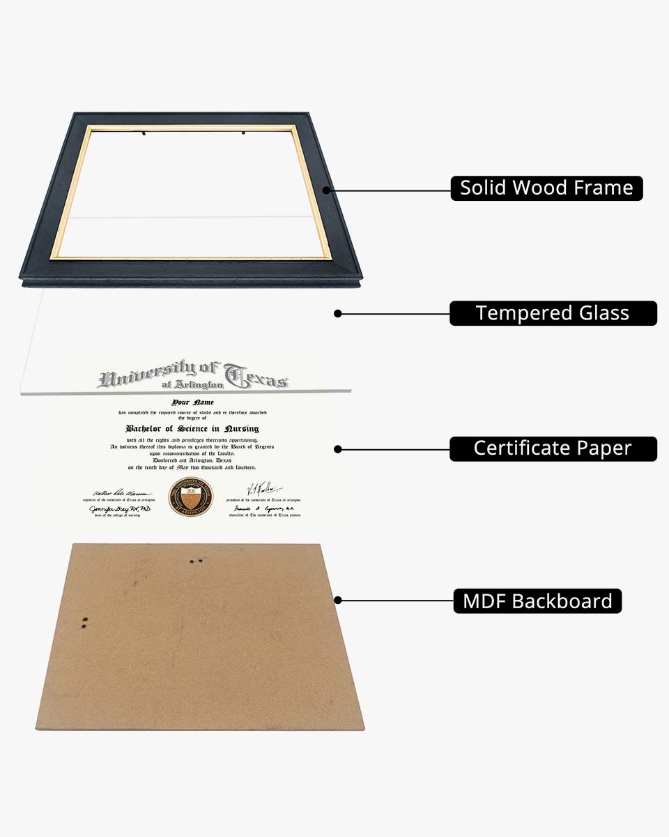 Wood Diploma Frame with Gold Trim Tempered Glass 8.5*11 – 3 Colors Available