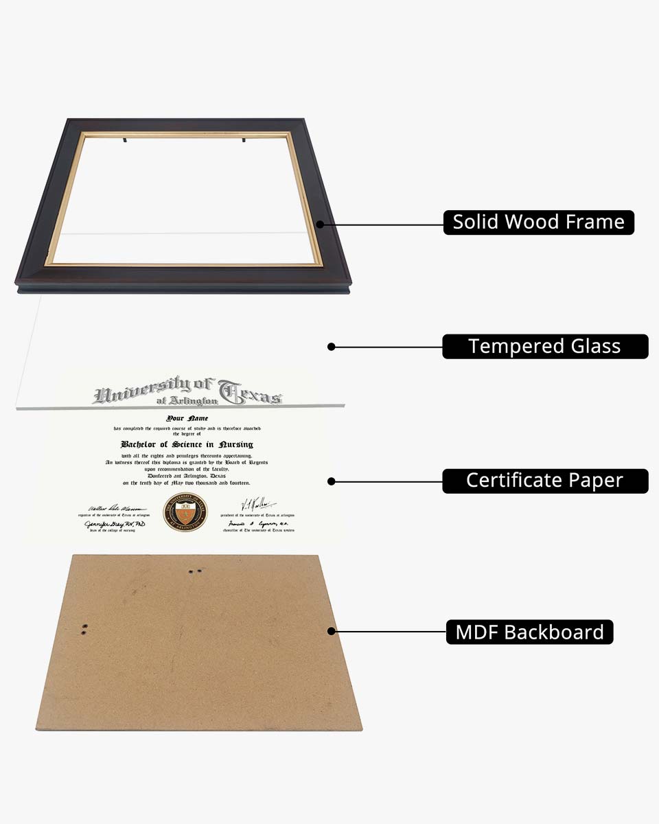 Wood Diploma Frame with Gold Trim Tempered Glass 8.5*11 – 3 Colors Available