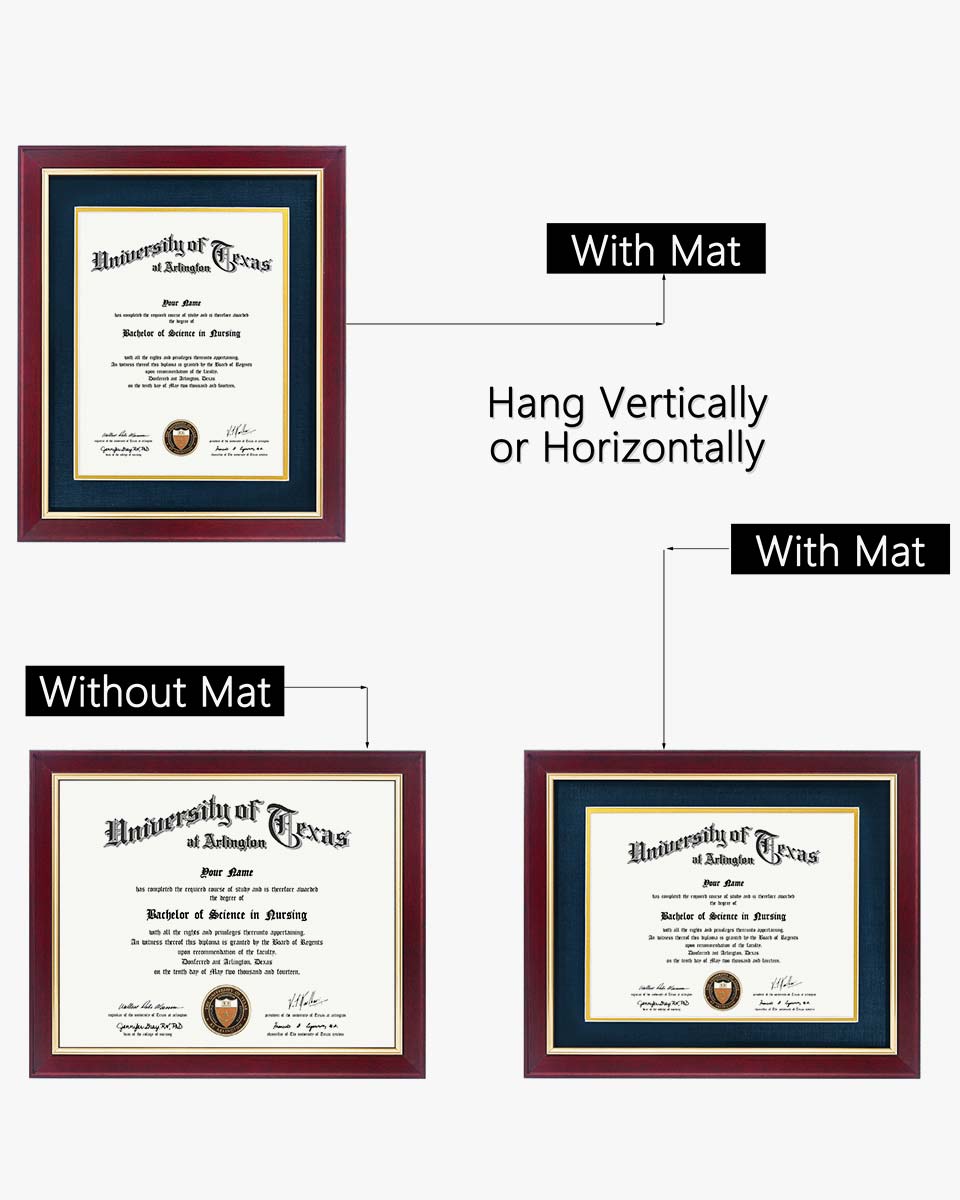 Wood Diploma Frame with Gold Trim Tempered Glass 8.5*11 /11*14 – 15 Colors Available