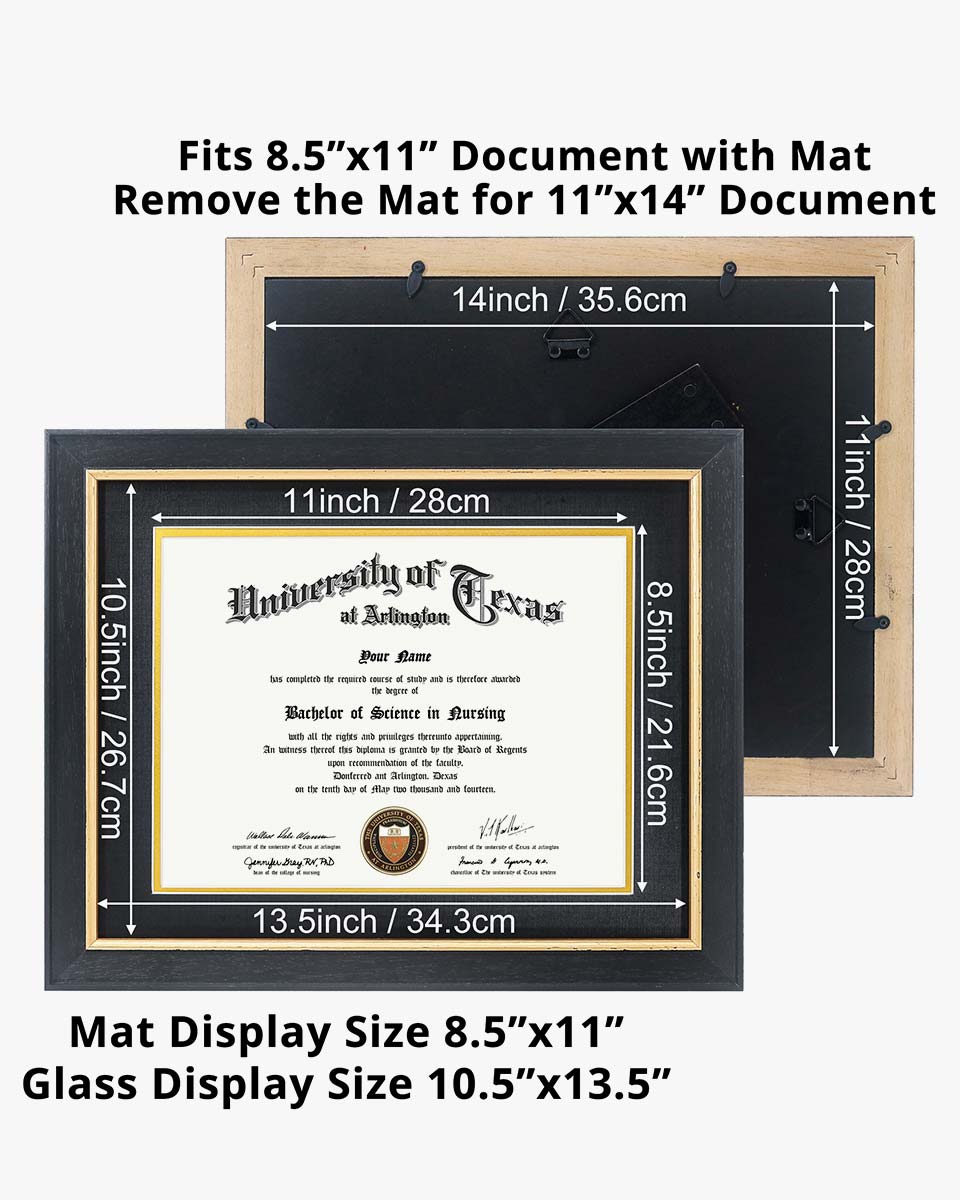 Wood Diploma Frame with Gold Trim Tempered Glass 8.5*11 /11*14 – 15 Colors Available