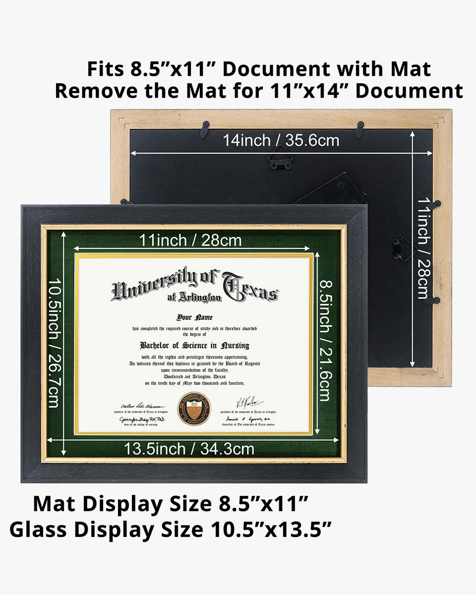 Wood Diploma Frame with Gold Trim Tempered Glass 8.5*11 /11*14 – 15 Colors Available