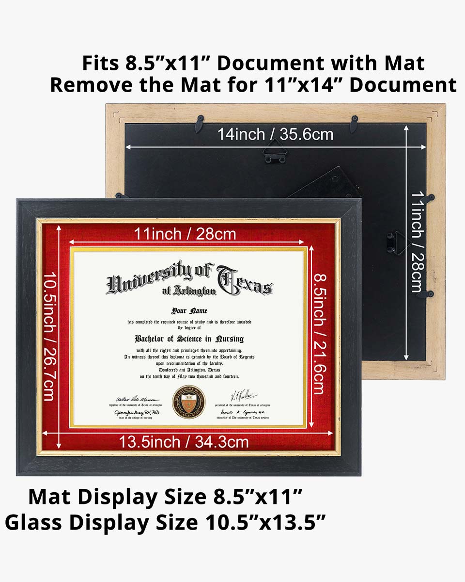 Wood Diploma Frame with Gold Trim Tempered Glass 8.5*11 /11*14 – 15 Colors Available