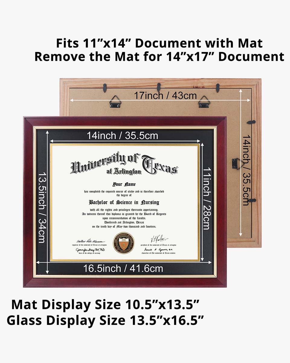 Wood Diploma Frame with Gold Trim Tempered Glass 11*14 / 14*17 – 15 Colors Available