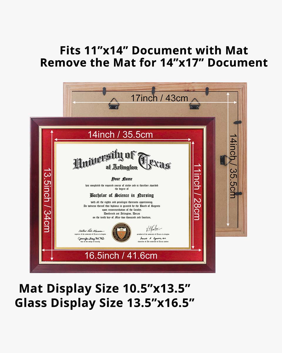 Wood Diploma Frame with Gold Trim Tempered Glass 11*14 / 14*17 – 15 Colors Available