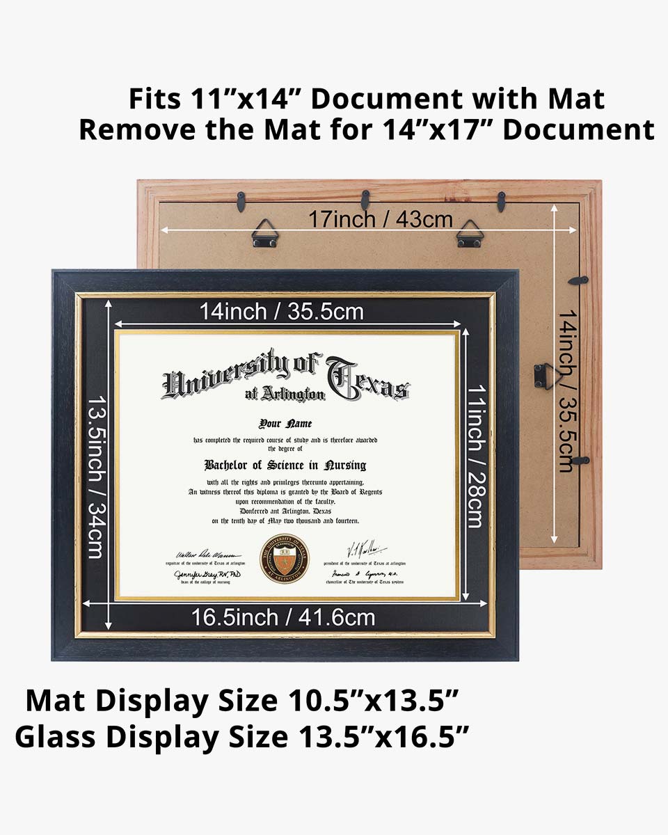 Wood Diploma Frame with Gold Trim Tempered Glass 11*14 / 14*17 – 15 Colors Available