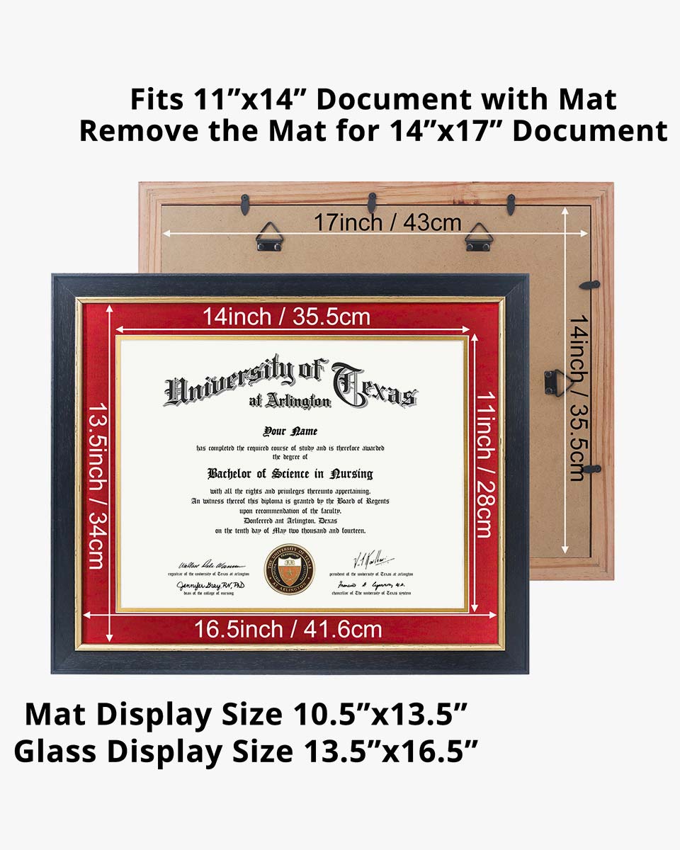 Wood Diploma Frame with Gold Trim Tempered Glass 11*14 / 14*17 – 15 Colors Available