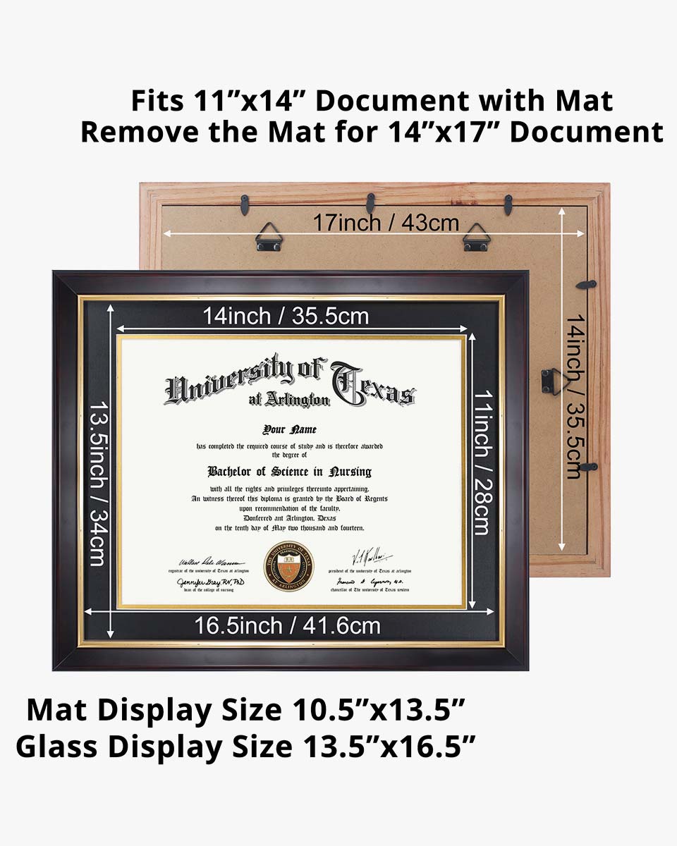 Wood Diploma Frame with Gold Trim Tempered Glass 11*14 / 14*17 – 15 Colors Available