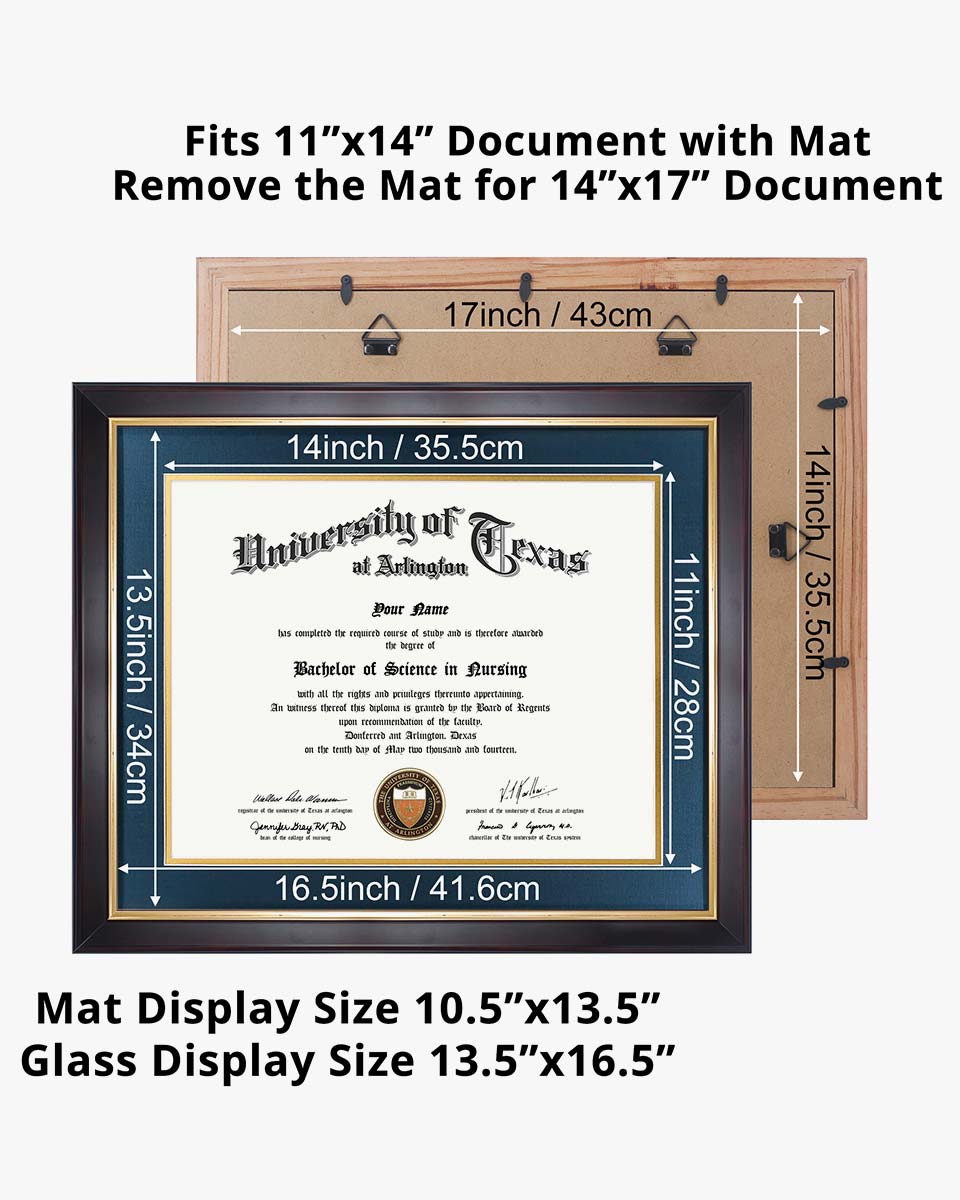 Wood Diploma Frame with Gold Trim Tempered Glass 11*14 / 14*17 – 15 Colors Available