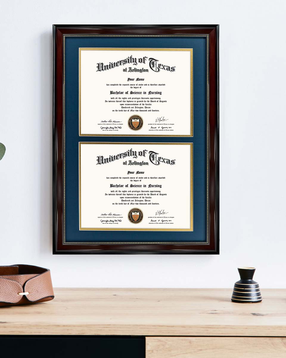 Double Diploma Frame Dual Certificate Frames Two Document Satin Matte Black Top mat Black Inner matted Gold Double outlet Document Plaque