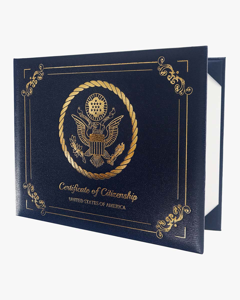 US Citizenship Naturalization Certificate Textured Faux Leather-Panoramic Cover of with Gold Logo 'Certificate of Citizenship'