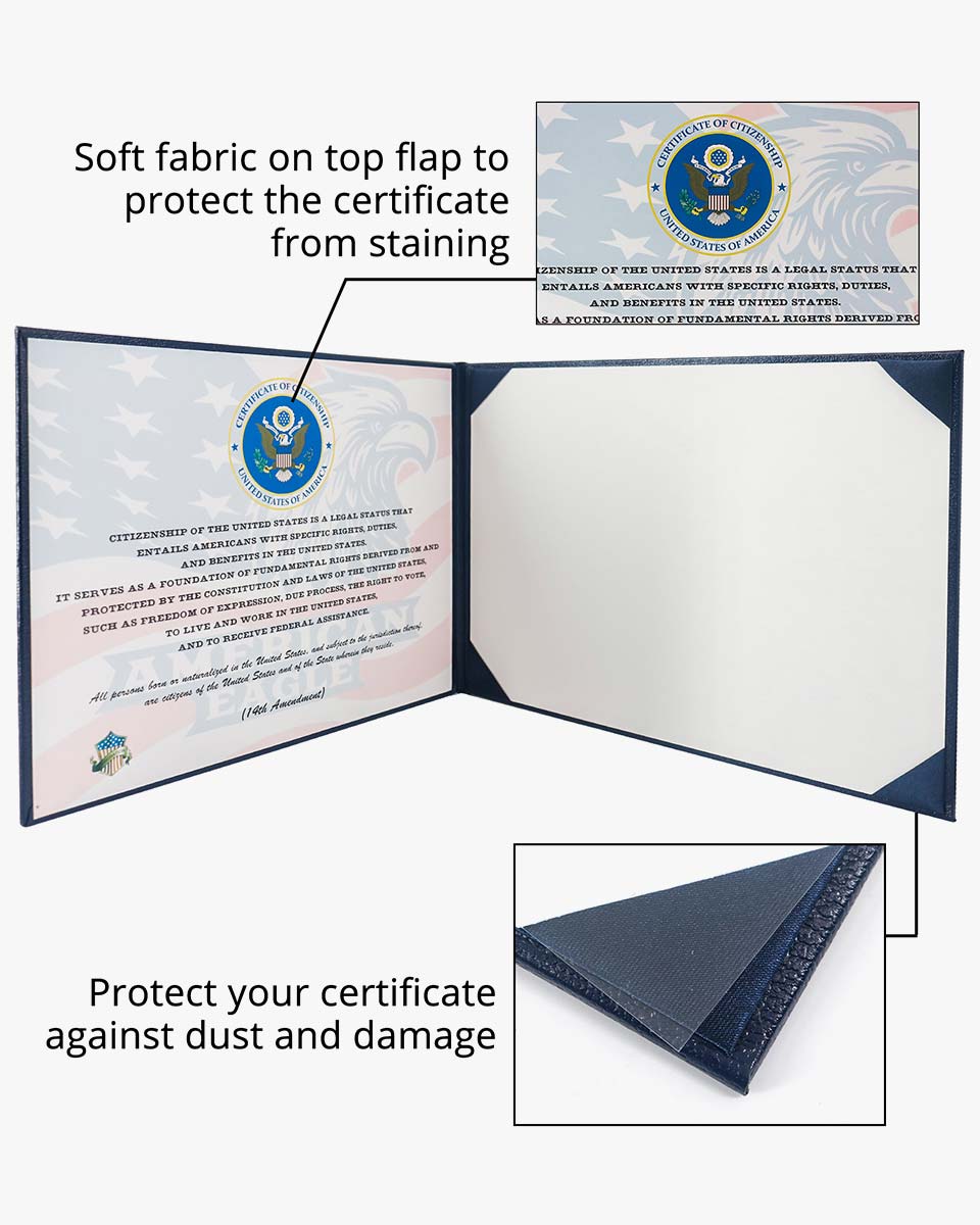 US Citizenship Naturalization Certificate Textured Faux Leather-Panoramic Cover of with Gold Logo 'Certificate of Citizenship'