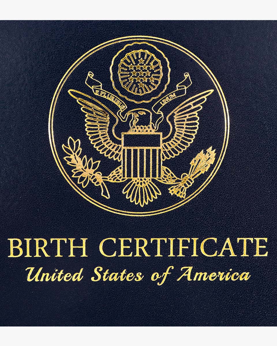 US Birth Certificate Cover of with Gold Logo 'Birth Certificate'