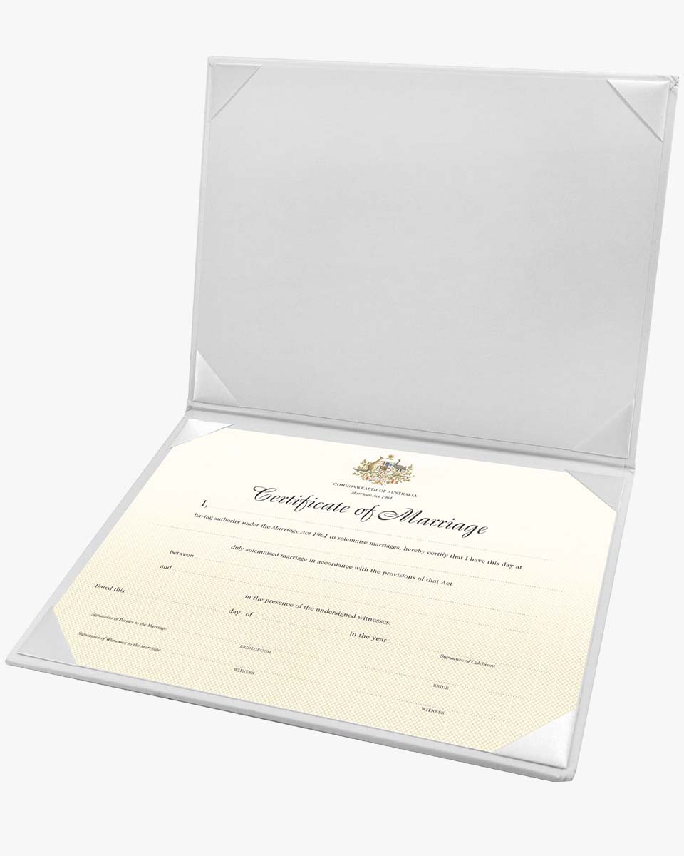 White Certificate of Marriage 8.5"x 11" Imprinted Padded Diploma Cover