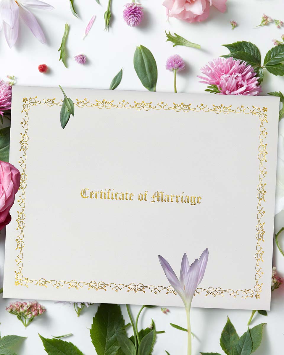 White Certificate of Marriage 8.5"x 11" Imprinted Padded Diploma Cover