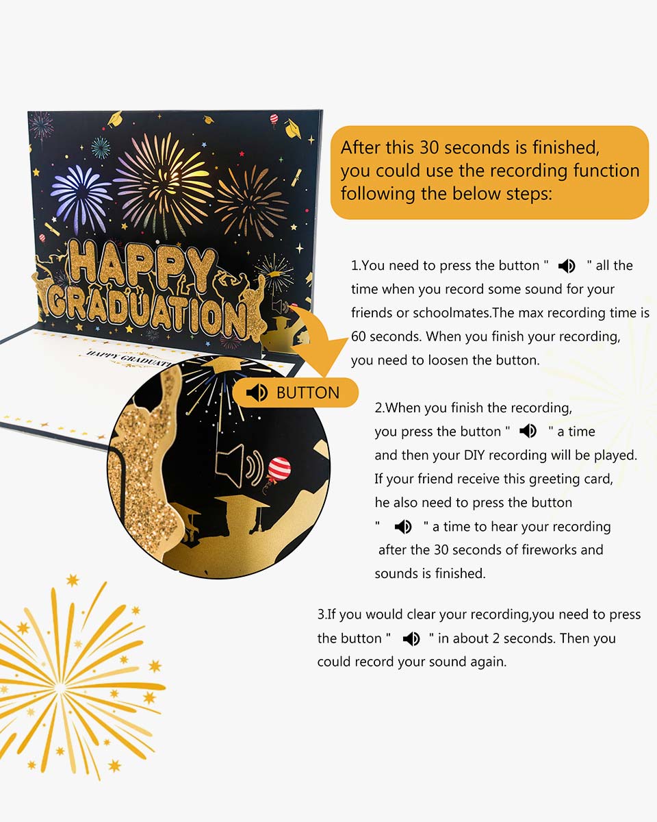 3D Pop Up Graduation Greeting Card with Fireworks, Cheers, and DIY Recording Sounds