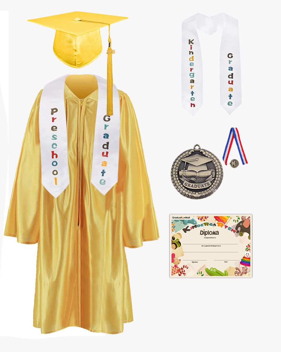 Shiny Kindergarten Graduation Cap, Gown, Stole, Diploma & Medal Package