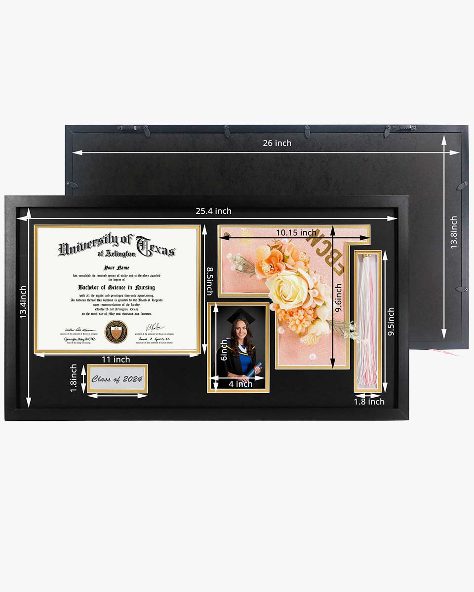 Graduation Shadow Box Frame for Diploma & Photo with Cap & Tassel Holder - 2 Colors Available