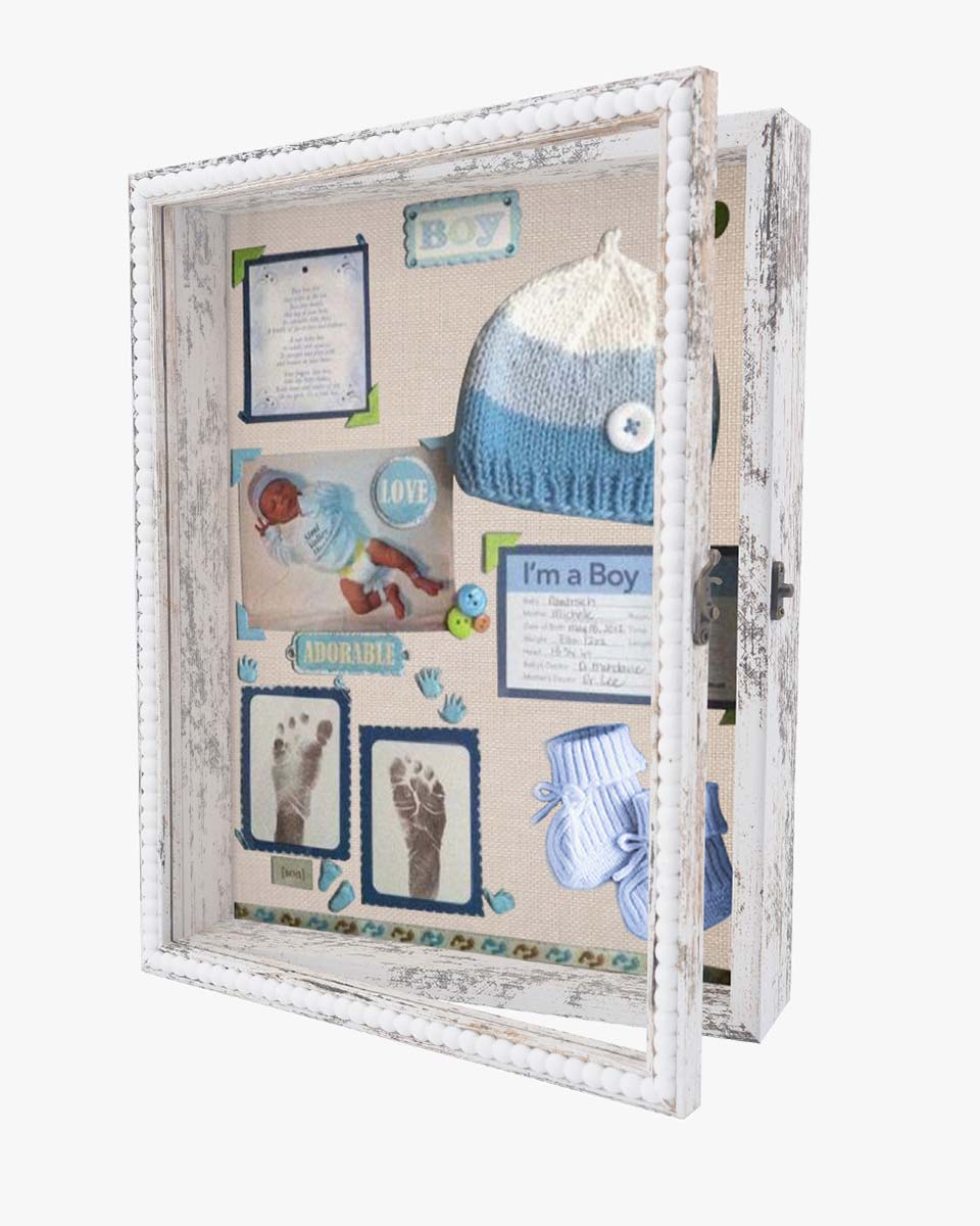 White Deep Front Open with Hinge Beaded Designed Picture Shadow Box with Linen Back in 2 Sizes