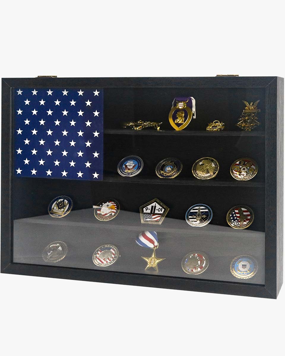 Wooden American Flag Challenge Coin Medal Display Case Frame 12x16 – 2 Colors Available