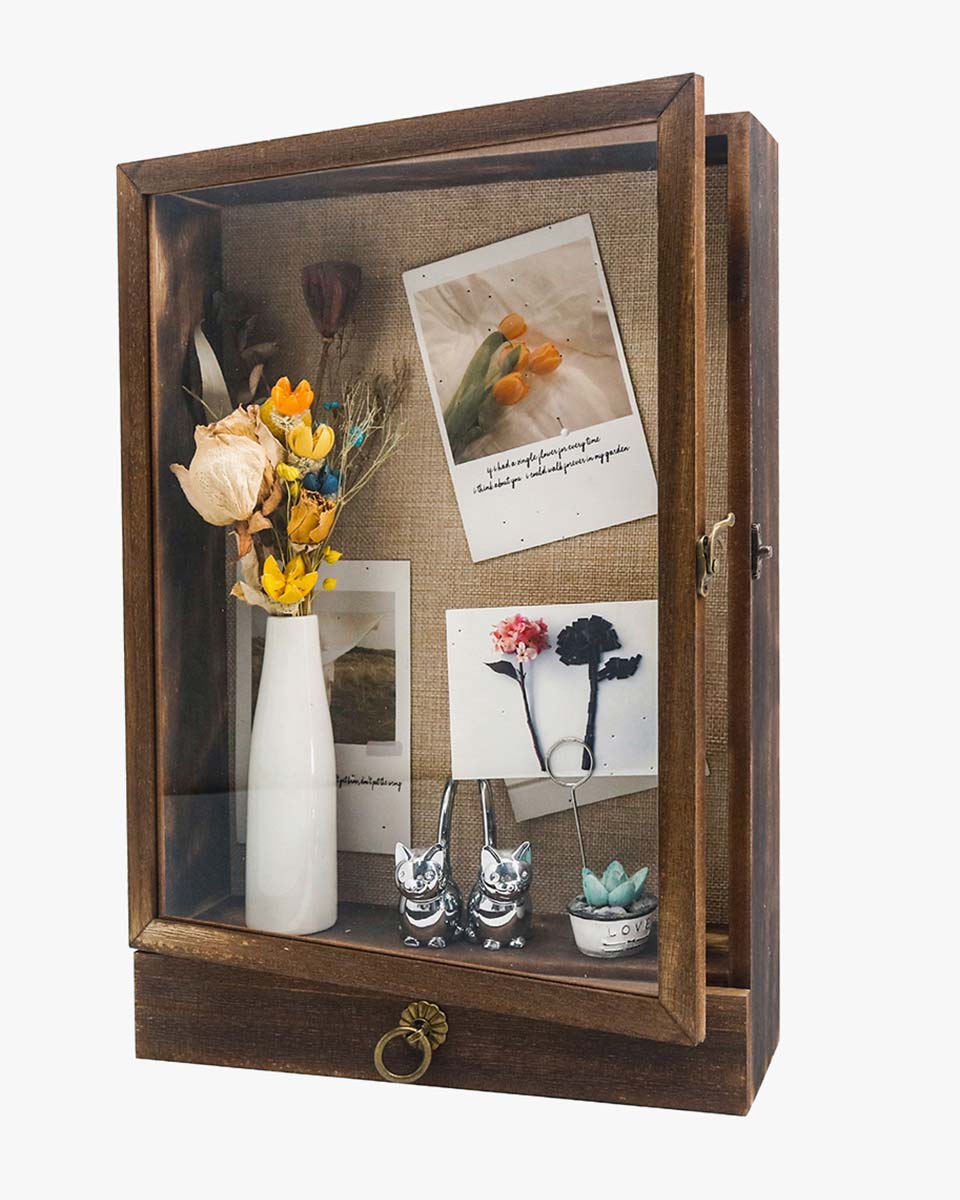 Wooden Shadow Box Frame with Drawer and Soft Line Back - 3 Colors Available