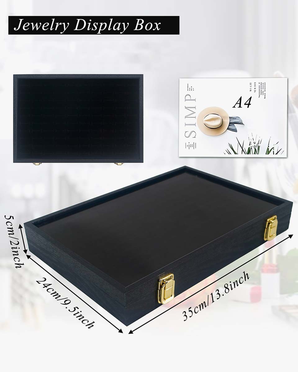 Black Velvet Jewelry Display Box with Real Glass Lid for Earring or Ring Storage Tray