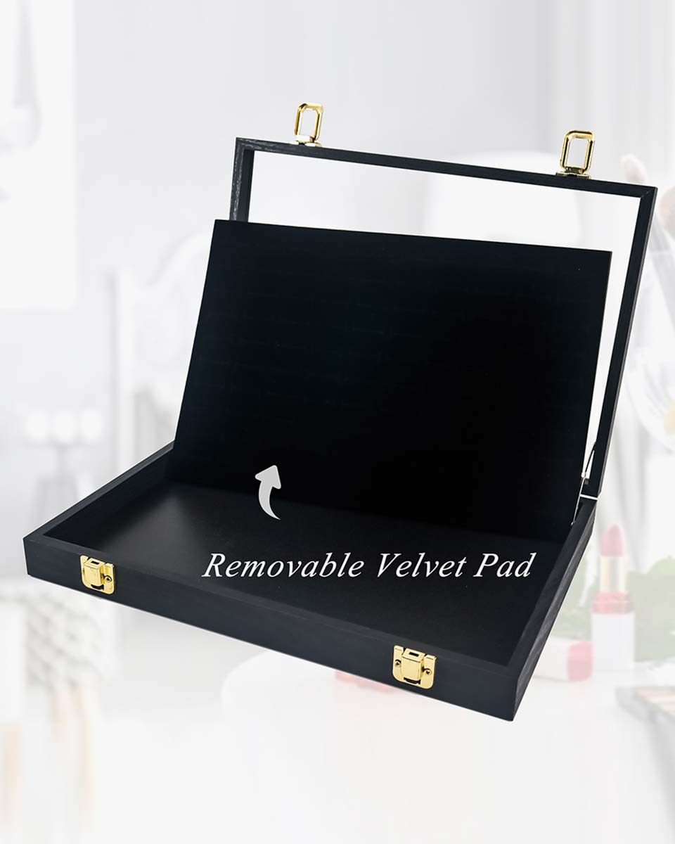 Black Velvet Jewelry Display Box with Real Glass Lid for Earring or Ring Storage Tray