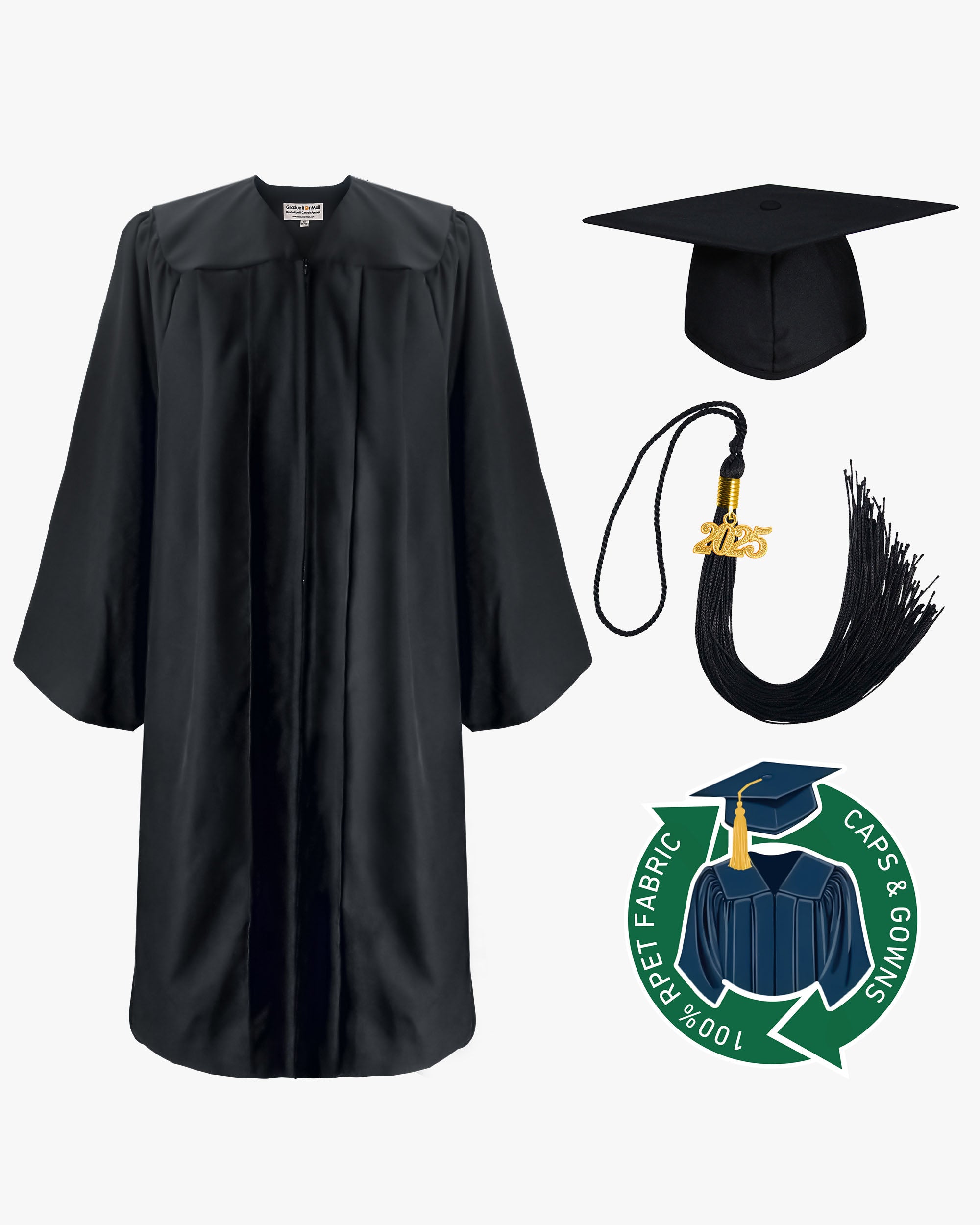 100% Recycled Material High School Graduation Cap and Gown with Pockets - 3 Colors Available