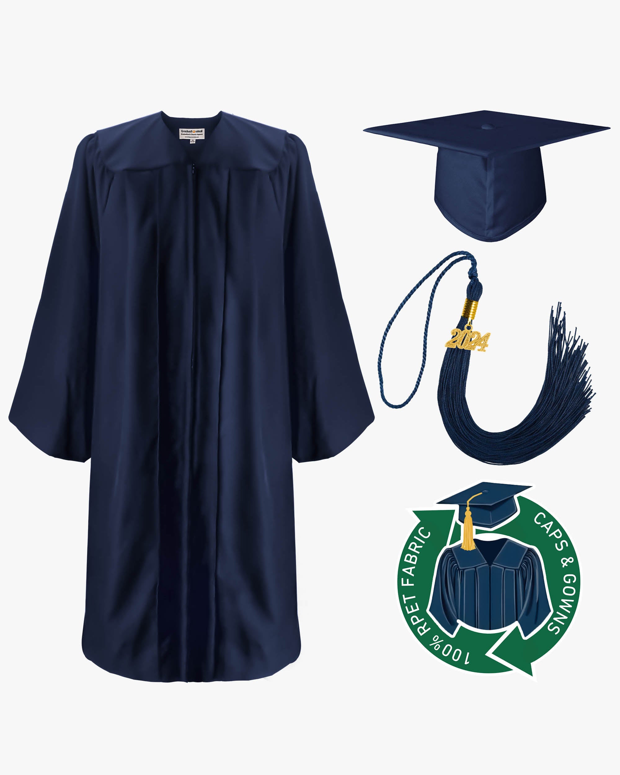 100% Recycled Material High School Graduation Cap and Gown with Pockets - 3 Colors Available